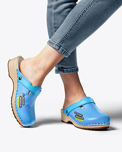 Pair of Clogs on Woman's Legs with Jeans Mockup - Flared pants mockup