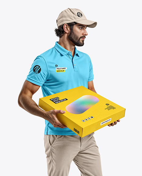 Delivery Man with Pizza Box Wearing Polo Shirt Mockup - Rectangle box mockup