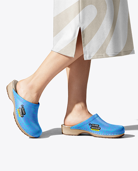 Pair of Clogs on Woman's Legs with Skirt Mockup - Shoe box mockup