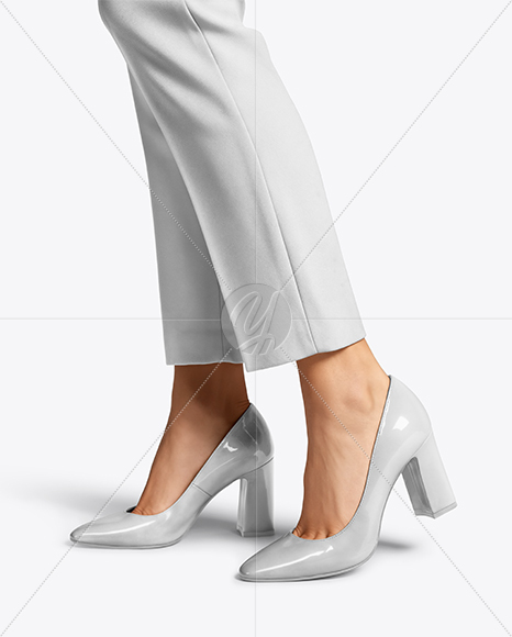 Block Heel Pumps on Woman's Legs with Pants Mockup