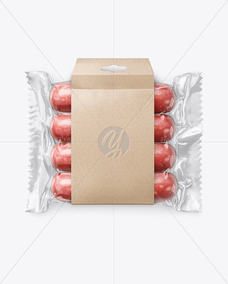 Clear Plastic Flow-Pack with Sausages in Kraft Paper Holder Mockup