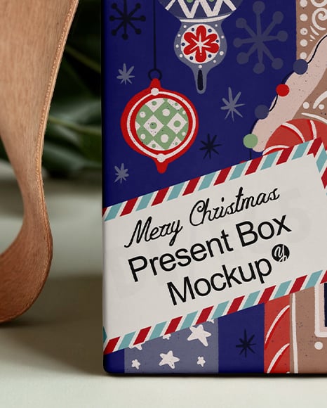 X-mas Gift Box with Bow and Holy Leaf Mockup