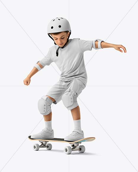 Boy Wearing T-Shirt and Shorts with Skateboard Mockup