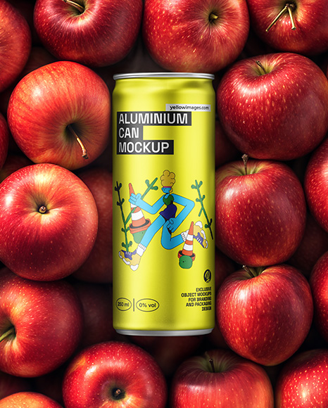 8.5oz Slim Drink Can on a Stack of Red Apples Mockup - Metal can mockup