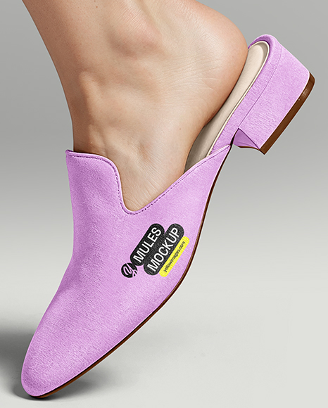 Pair of Suede Mules on Woman's Legs with Pants Mockup