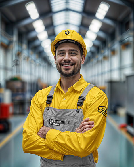 Engineer Wearing Bib Overalls and Shirt Mockup - Mockups