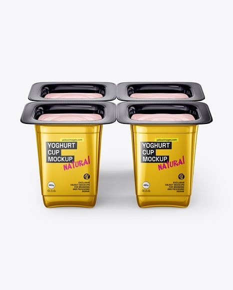 4 Metallized Plastic Yoghurt Cups Mockup