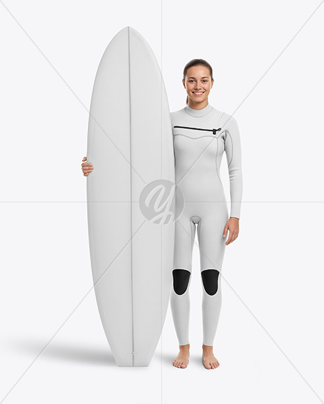 Female Surfer Wearing Wetsuit with Shortboard Mockup