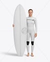 Female Surfer Wearing Wetsuit with Shortboard Mockup