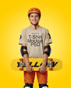 Skater in Protective Gear with Skateboard Mockup