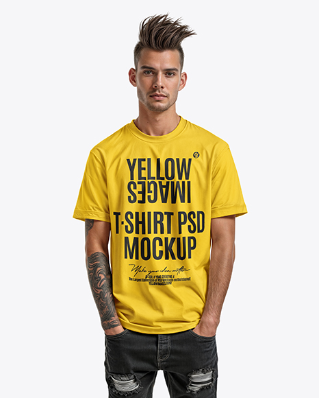 Young Man with Tattoo Wearing T-shirt and Ripped Jeans Mockup - Jeans mockup