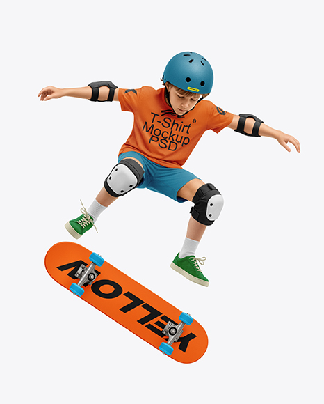 Boy Wearing T-Shirt and Shorts with Skateboard Mockup