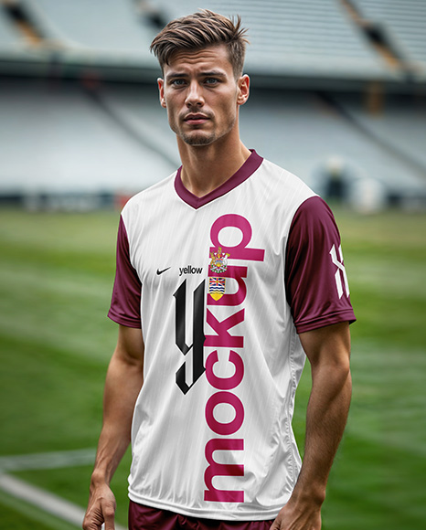 Soccer Player Wearing a Jersey and Shorts at the Stadium Mockup
