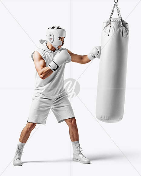 Man Wearing Boxing Sleeveless Hoodie and Shorts with Punching Bag Mockup