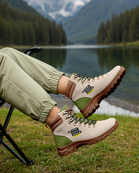 Pair of Hiking Boots on Woman's Legs Mockup - Shoe mockups