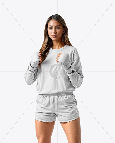 Female UFC Fighter Wearing Long Sleeve T-Shirt & Shorts Mockup