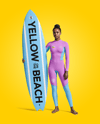 Female Surfer in a Wetsuit with a Surfboard Mockup