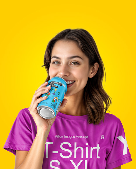Woman Wearing a T-shirt Holding Drink Can Mockup