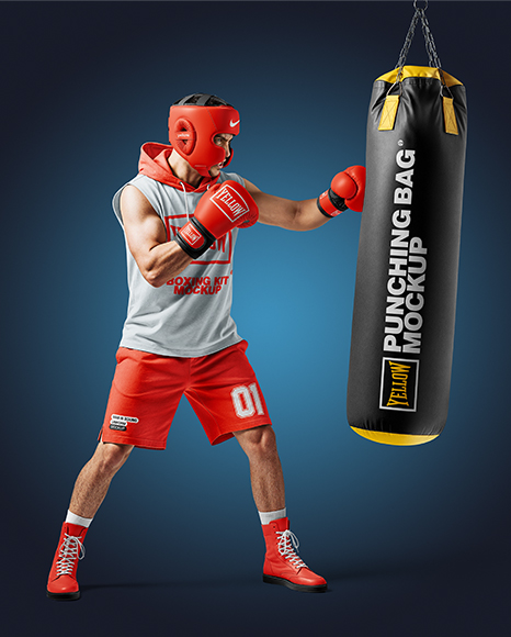 Man Wearing Boxing Sleeveless Hoodie and Shorts with Punching Bag Mockup