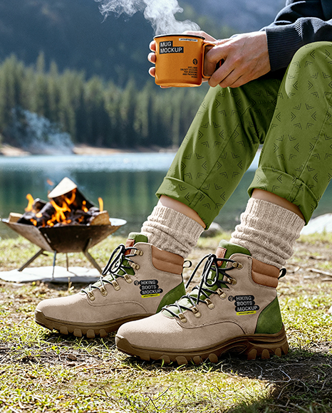 Pair of Hiking Boots on Woman's Legs Mockup - White+Enamel+Mug+Mockup+The+Mockup+Club