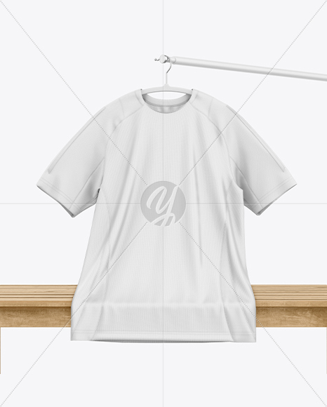 Training Jersey on Hanger Over Wooden Bench Mockup