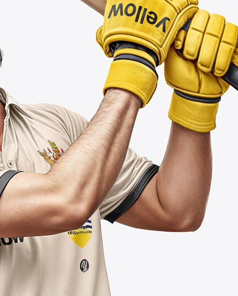 Man Wearing Full Cricket Kit with Bat Mockup