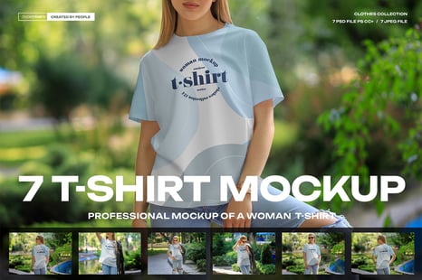 7 Mockups T-Shirt on a Girl Walking in the Outdoor. vol 06 - Apparel Mockups