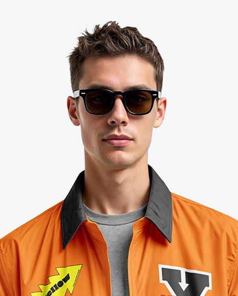 Young Man in Sunglasses Wearing Harrington Jacket and Jeans Mockup