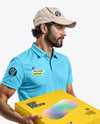 Delivery Man with Pizza Box Wearing Polo Shirt Mockup