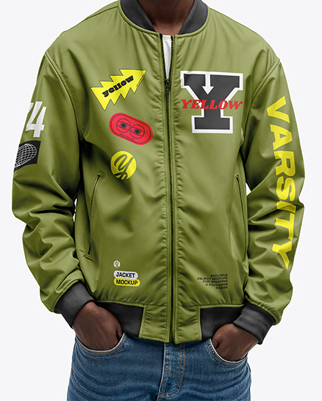 Black Man in Sunglasses Wearing Bomber Jacket and Jeans Mockup