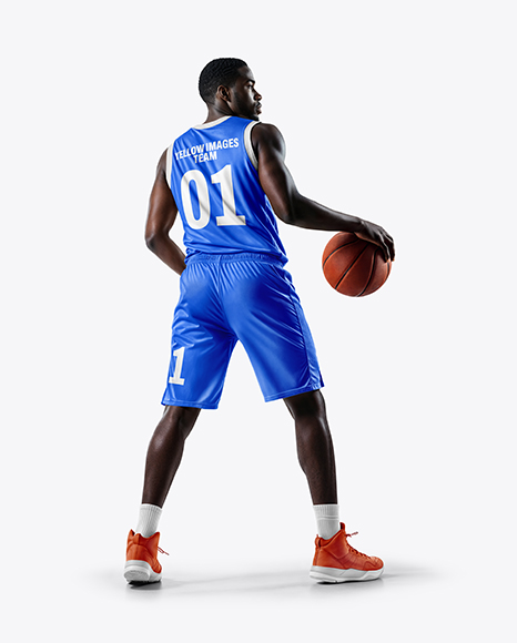 Basketball Player Wearing Jersey and Shorts with Basketball Mockup - Mens+V-Neck+Basketball+Jersey+Mockup+Back+View+(PSD+...
