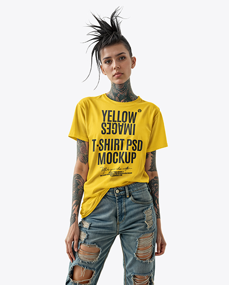 Woman with Tattoo Wearing T-shirt and Ripped Jeans Mockup - Jeans mockup