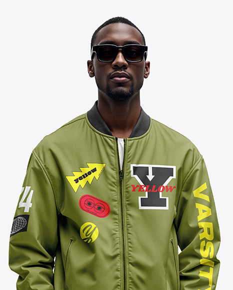 Black Man in Sunglasses Wearing Bomber Jacket and Jeans Mockup