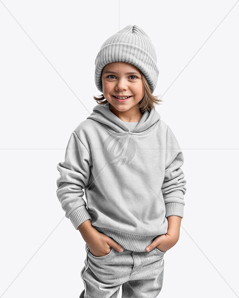 Boy Wearing a Hoodie and Beanie Hat Mockup