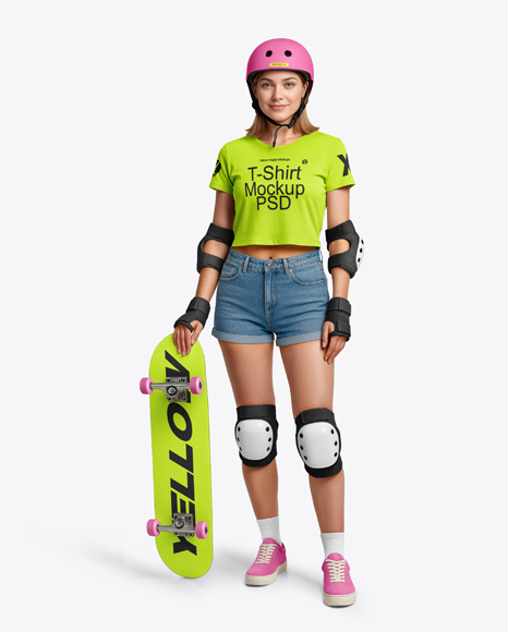 Young Woman in Protective Gear with Skateboard Mockup - Crew neck mockup