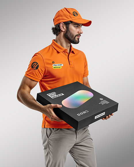 Delivery Man with Pizza Box Wearing Polo Shirt Mockup