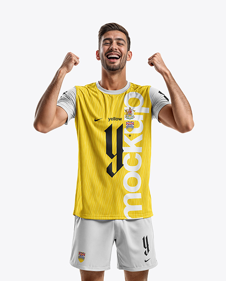 Man Wearing Crew Neck Soccer Jersey and Shorts Mockup - Mens+Soccer+V-Neck+Jersey+Front+View+Jersey+Mockup+PSD+...