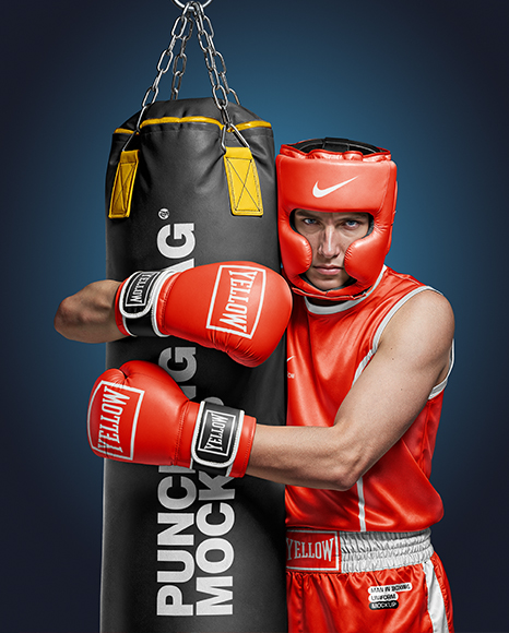 Man Wearing Boxing Uniform with Punching Bag Mockup