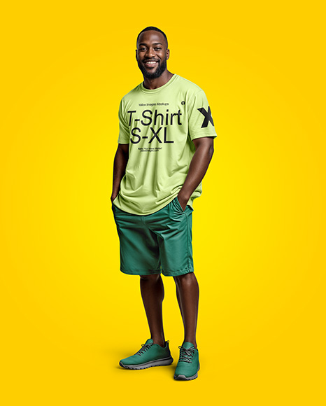 Black Man Wearing T-shirt and Shorts Mockup
