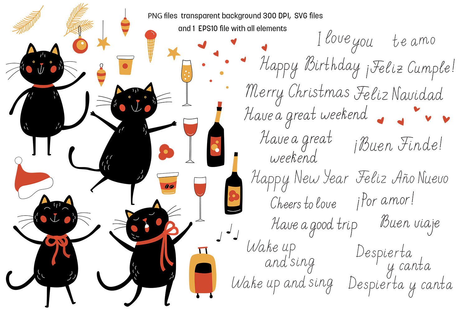 Adorable Greetings: Black CAT Edition Clipart and Seamless Patterns