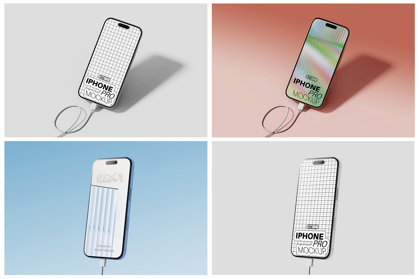 iPhone Pro with Charging Cable Mockup Set