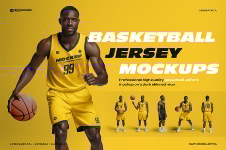 6 Basketball Jersey Mockups on a Dark-Skinned Model. Generated AI - Creative Store