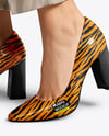 Block Heel Pumps on Woman's Legs with Pants Mockup