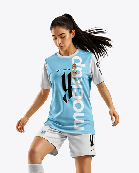 Woman Wearing Soccer Jersey and Shorts Mockup