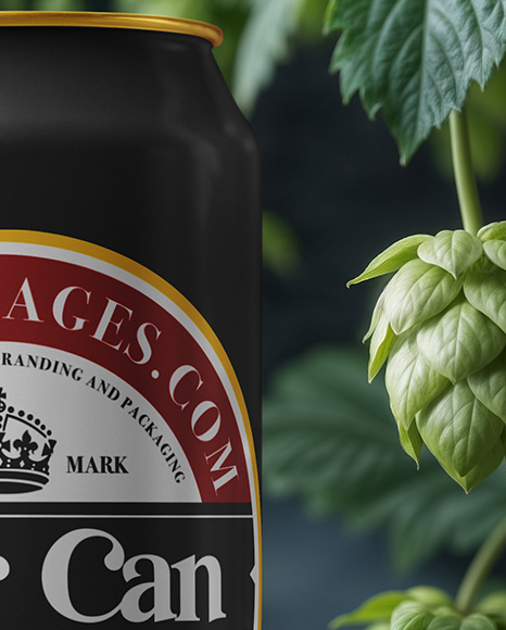 Beer Can Surrounded by Hops Branches Mockup