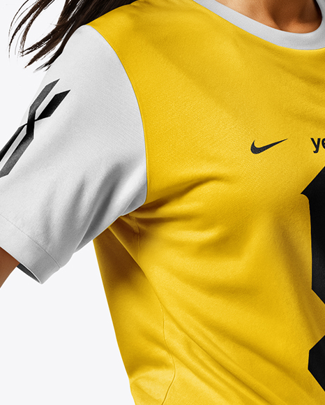 Woman Wearing Soccer Jersey and Shorts Mockup