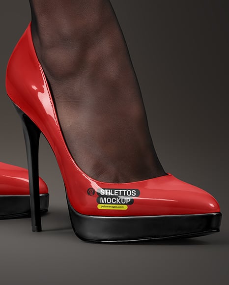 Pair of Stilettos on Woman's Legs with Pantyhose Mockup