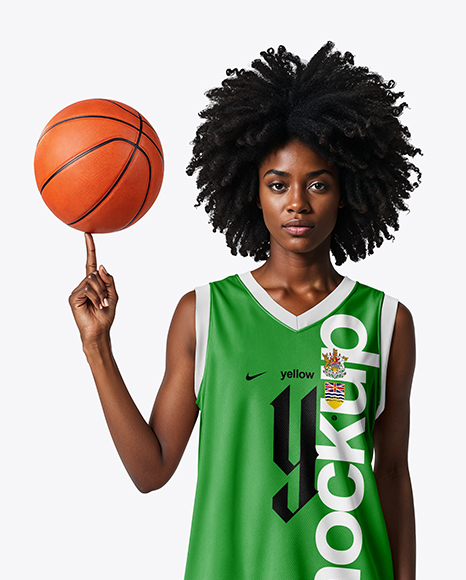 Black Woman with Afro Hairstyle Wearing Full Basketball Kit Mockup
