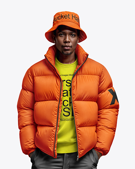 Black Man Wearing Puffer Jacket and Bucket Hat Mockup - Jacket mockup