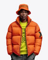 Black Man Wearing Puffer Jacket and Bucket Hat Mockup